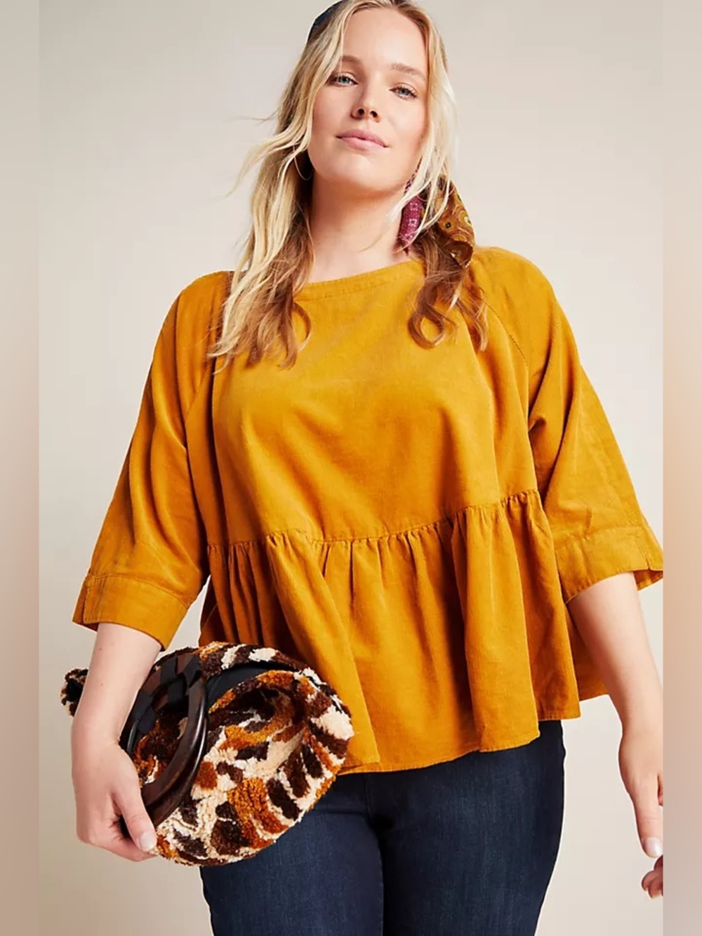Anthropologie Maeve Maria Babydoll Blouse Mustard Cordurory Cottagecore Medium